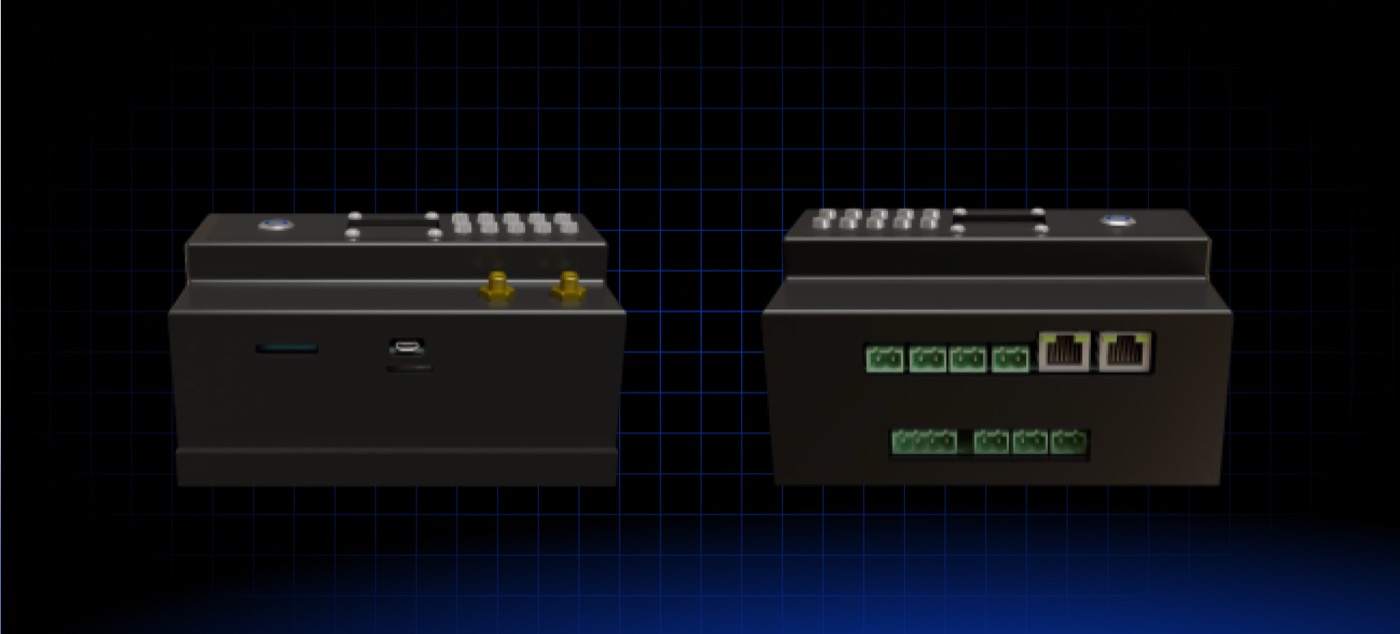 Machvory DIN-rail industrial IoT gateway, front and rear