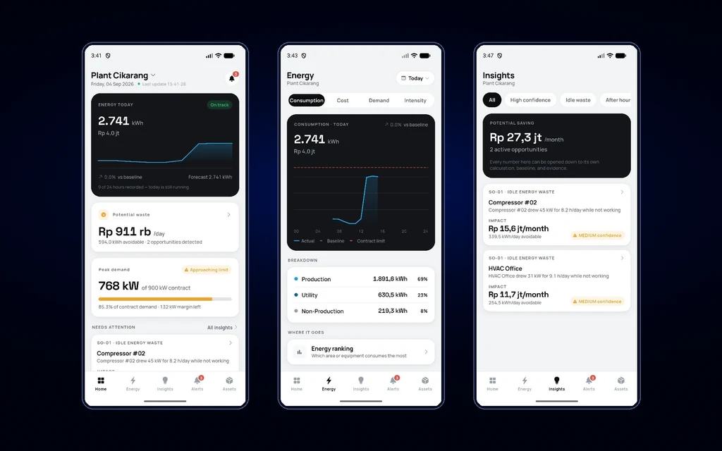 Three screens of the TNS Energy mobile app